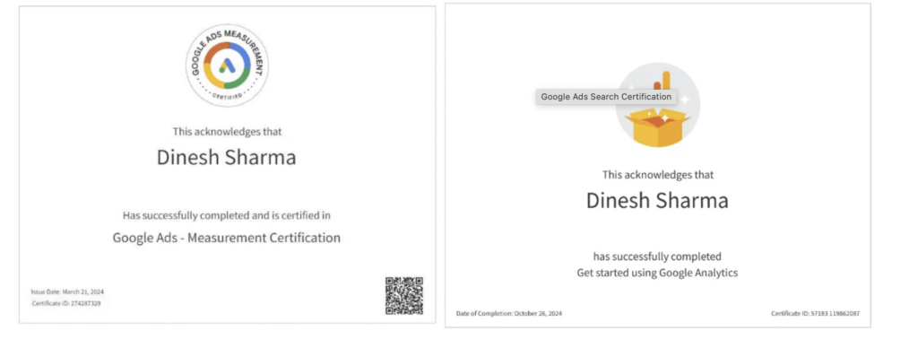 Certifications - freelance seo expert in delhi